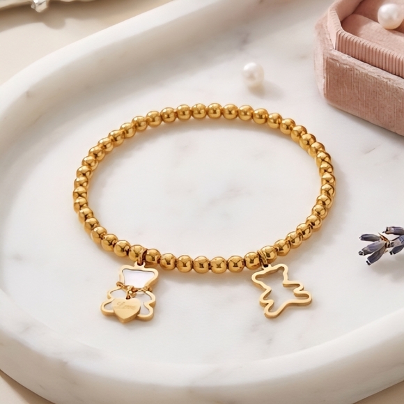 Whimsical 18K Gold Plated Stainless Steel Bear Charm Beaded Dainty Bracelet - Picture 7 of 12
